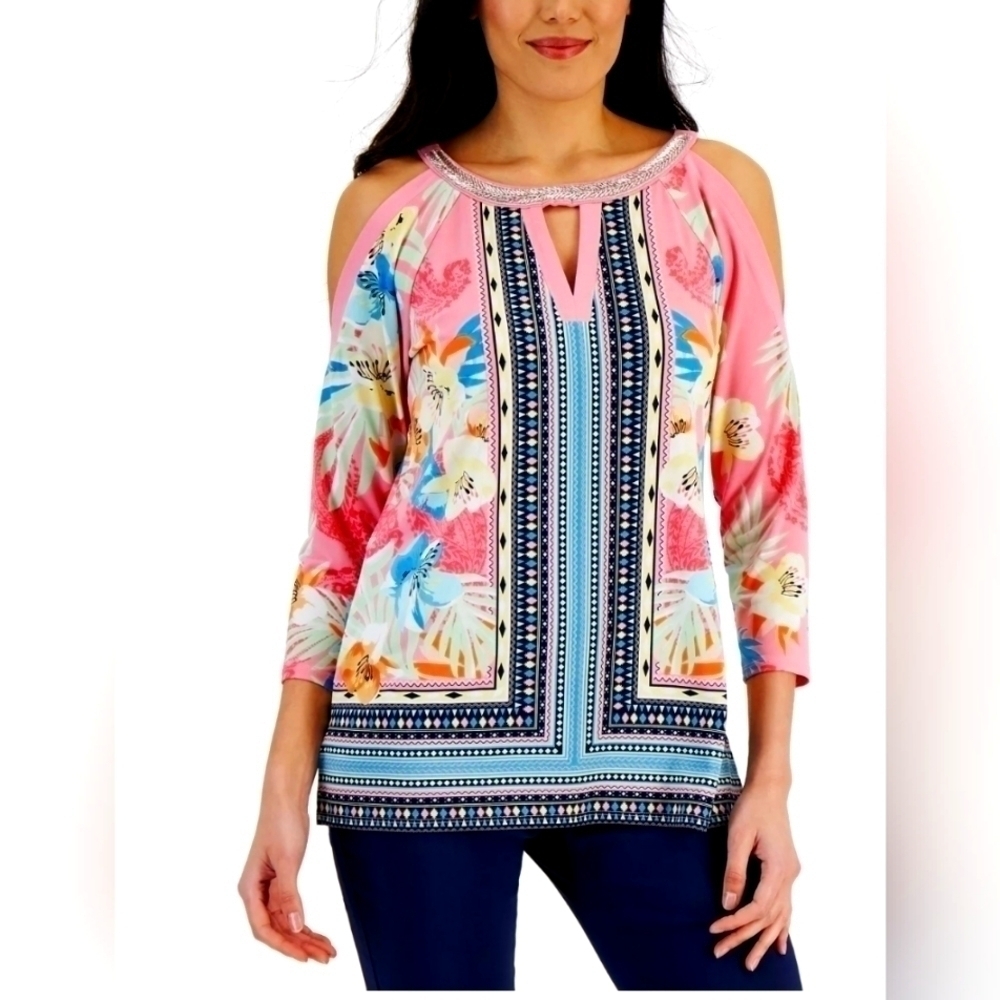 JM Collection Women's Mixed Print Cold Shoulder Top Created for Macy's Size M